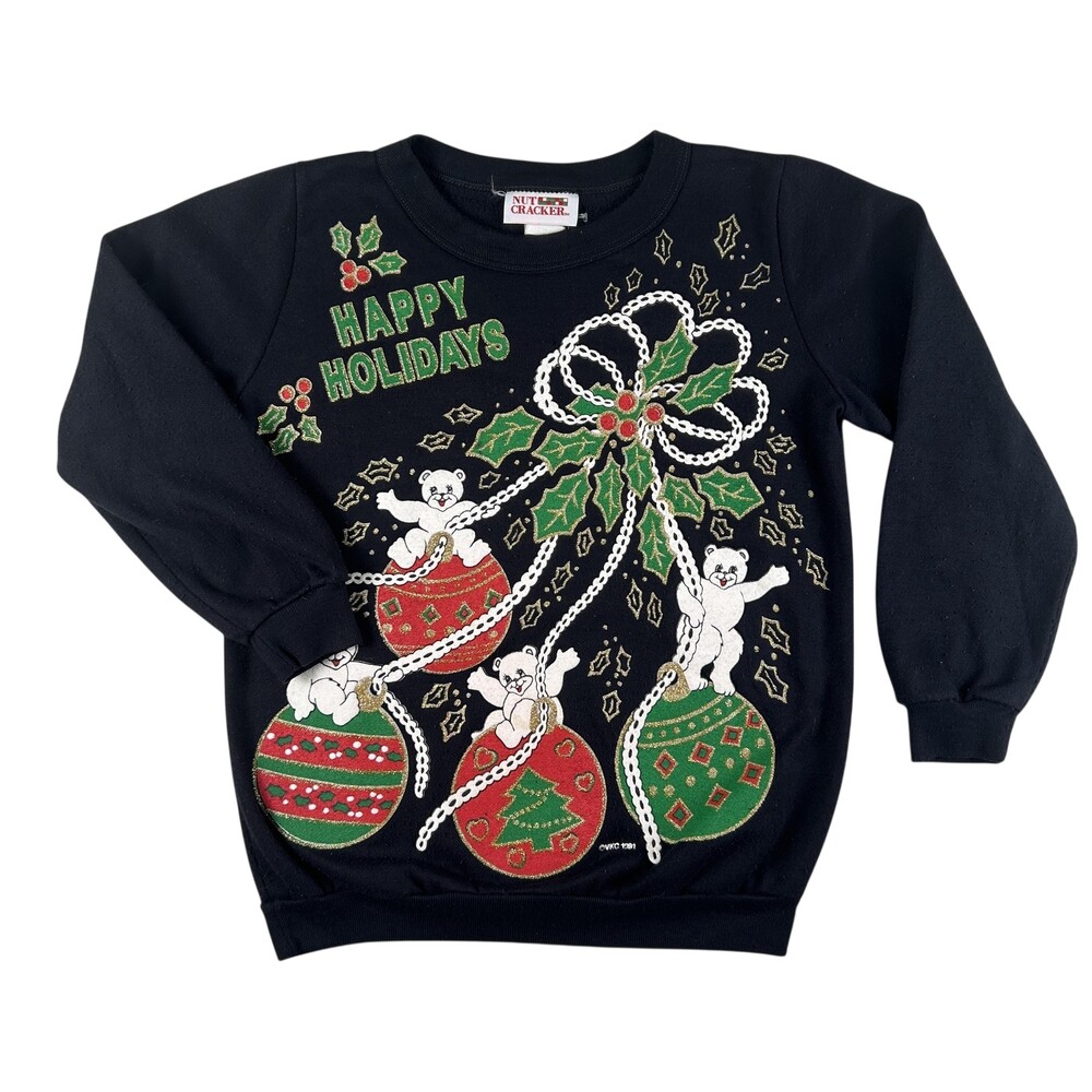 Vintage Nutcracker Sweatshirt Youth Large Black Happy Holidays Bears Xmas 1991